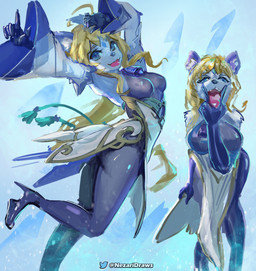 abstract_background action_pose alternate_form anthro anthrofied armwear blonde_hair blue_body blue_clothing blue_ears blue_eyes blue_fur blue_gem blue_pupils blue_skinsuit breasts clothing cowbell cunnilingus_gesture dancing detached_sleeves dress female footwear forehead_gem front_view fur fusion gem gesture hair high_heels ice inner_ear_fluff long_hair looking_at_viewer magic magic_user medium_breasts multiple_poses open_mouth open_smile pelvic_curtain pose pupils rope shoes side_view skinsuit smile snow solo spellcasting suggestive suggestive_gesture text tight_clothing tuft twitter_handle twitter_logo white_clothing white_dress white_inner_ear_fluff wide_sleeves nezari dota genshin_impact mihoyo twitter valve valve_corporation crystal_maiden_wolf_persona ganyu_(genshin_impact) rylai_the_crystal_maiden canid canine canis mammal wolf 2023 artist_name digital_drawing_(artwork) digital_media_(artwork) hi_res multiple_images portrait three-quarter_portrait