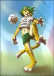 anthro ball bottomwear bulge clothed clothing fur grass male mascot midriff plant shorts soccer soccer_ball solo south_africa sport tail text world_cup zenthetiger fifa zakumi felid leopard mammal pantherine 2010 hi_res