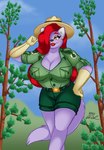 anthro big_breasts bottomwear breasts cleavage clothed clothing cosplay female forest hair lipstick makeup parody plant pose purple_body red_hair red_lipstick shorts solo tree uniform peterandwhitney disney who_framed_roger_rabbit jessica_rabbit whitney_(pnc) domestic_cat felid feline felis mammal 2021 digital_drawing_(artwork) digital_media_(artwork) hi_res pinup