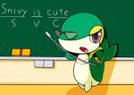 chalkboard eyewear female feral glasses information_board linguistics open_mouth solo text mewsaur nintendo pokemon generation_5_pokemon pokemon_(species) snivy english_text