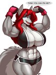 abs anthro biceps big_breasts blue_eyes bottomwear breasts chest_tuft clothing dolphin_shorts female fingerless_gloves fist flexing fluffy fluffy_tail fur gloves grey_body grey_fur hair handwear hotpants huge_breasts looking_at_viewer muscular muscular_anthro muscular_female red_hair shorts solo tail tuft wide_hips blazbaros luka_cross canid canine canis mammal wolf 3:4 hi_res