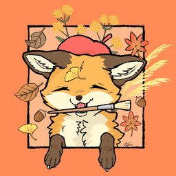 ambiguous_gender autumn beret brown_body brown_fur brush clothing eyes_closed feet feral flower food fruit fur hat headgear headwear leaf markings multicolored_body multicolored_fur nut_(fruit) orange_background orange_body orange_fur plant red_clothing red_hat red_headwear simple_background smile solo teeth tongue tuft white_body white_fur fusau canid canine fox mammal 2025 absurd_res hi_res