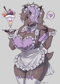 anthro apron big_breasts biped blush breasts brown_body cleavage clothed clothing dessert eyelashes female food fur garter_straps hair hair_over_eye heart_symbol ice_cream legwear looking_at_viewer maid_uniform open_mouth pupils purple_clothing purple_hair smile solo thick_thighs thigh_highs uniform white_clothing noona_plz noona_(noona_plz) bovid caprine goat mammal hi_res