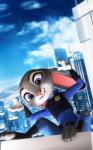 anthro arms_above_head badge blue_sky buckteeth building city clothing cloud day female fur glass grey_body grey_fur long_ears outside photorealism police police_uniform purple_eyes sky smile solo teeth uniform hardynumb disney electronic_arts mirror's_edge zootopia judy_hopps lagomorph leporid mammal rabbit 2016 3d_(artwork) absurd_res digital_media_(artwork) hi_res