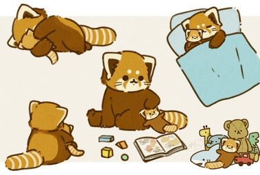 bed bedding biped black_eyes black_nose blanket book brown_body chibi dot_eyes feral furniture kemono pillow plushie simple_eyes sitting sleeping toy shi_nominmin ailurid mammal red_panda 2023 hi_res