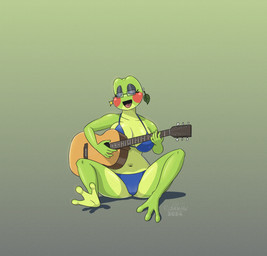 3_toes 5_fingers acoustic_guitar anthro black_body black_eyelids black_skin blue_clothing blue_underwear breasts clothing collarbone countershade_face countershade_feet countershade_torso countershading ear_piercing ear_ring eyelashes eyes_closed eyewear feet female fingers glasses gradient_background green_background green_body green_skin grey_background guitar holding_guitar holding_musical_instrument holding_object logo musical_instrument navel open_mouth piercing playing_guitar playing_music plucked_string_instrument red_body red_cheeks red_skin red_tongue ring_piercing shadow simple_background sitting soles solo string_instrument toes tongue underwear jayheartwing amphibian frog 2024 absurd_res artist_logo cel_shading hi_res shaded signature