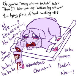 abuse ambiguous_feral ambiguous_gender baby_talk blade blood blood_from_wound bodily_fluids bone bound cross_section crying dialogue exposed_muscle feral fur gore grotesque hooves lying monotone_body monotone_fur mutilation neonate offscreen_character on_front open_mouth pink_eyes pink_hooves purple_body purple_fur screaming solo tail tears teeth text wounded young young_ambiguous young_feral yellowcottoncandy030 fluffy_pony fluffy_pony_(species) mammal 1:1 2025 digital_media_(artwork) english_text hi_res partially_colored