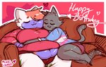 anthro belly bottomwear clothing cuddling detailed_background domestic_cat dress_shirt duo ears_up eyes_closed feet felid feline felis female female/female fur furniture green_body green_fur grey_body grey_fur head_tuft heart_symbol hi_res highlights_(coloring) hug lgbt_pride lying lying_on_sofa mammal multicolored_clothing multicolored_dress_shirt multicolored_polo_shirt multicolored_shirt multicolored_topwear nifty_(artist) on_sofa overweight pattern_clothing pink_body pink_fur polo_shirt pride_color_clothing pride_color_dress_shirt pride_color_polo_shirt pride_color_shirt pride_color_topwear pride_colors purple_body purple_fur shadow sheilah_(5h3i1ah) shirt shorts signature sitting sitting_on_sofa sofa striped_clothing stripes t-shirt text topwear toxxy_(slime_cat) trans_(lore) trans_woman_(lore) transgender_pride_colors tuft white_body white_fur