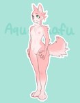 anthro breasts female fur genitals green_eyes nude pink_body pink_fur pussy small_breasts solo tail young young_female aquafuafu third-party_edit canid canine canis felid feline hybrid mammal wolf censor_removal_edit hi_res