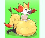 abdominal_bulge ambiguous_gender claws duo fur green_background orange_body orange_fur same_size_vore simple_background tail vore shoog_serary nintendo pokemon braixen canid canine fox generation_5_pokemon generation_6_pokemon mammal pokemon_(species) zoroark digital_media_(artwork) hi_res tagme