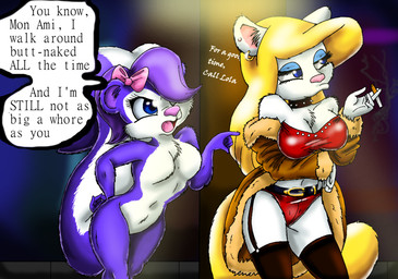accessory angry anthro big_breasts black_clothing black_legwear black_thigh_highs blonde_hair blue_eyes bow_(feature) bow_accessory bow_ribbon breasts chest_tuft cigarette cleavage clothed clothing collar duo ear_piercing ear_ring featureless_breasts female fur fur_coat garter_straps graffiti hair hair_accessory hair_bow hair_ribbon hand_on_hip holding_object legwear piercing prostitution purple_body purple_fur ribbons ring_piercing smoking spiked_collar spikes stockings text the_truth thigh_highs tuft unimpressed white_body white_fur anonymous_artist animaniacs tiny_toon_adventures warner_brothers fifi_la_fume minerva_mink mammal mephitid mink mustelid musteline skunk striped_skunk true_musteline english_text