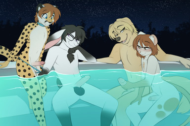 anthro balls black_hair blonde_hair clothed clothing erection eyewear eyewear_only femboy floppy_ears foreskin fur genitals glans glasses glasses_only group hair handjob hot_tub humanoid_genitalia humanoid_penis interspecies male male/male nude partially_submerged penile penis sex smile tan_body tan_fur thong thong_only topless underwear underwear_only water wearing_glasses white_body white_fur jailbird marbles_swiftfoot bird_dog canid canine canis cheetah domestic_dog felid feline golden_retriever hunting_dog lagomorph leporid mammal mouse murid murine rabbit retriever rodent 3:2