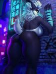 2019 3_fingers against_surface against_wall anthro avian bird butt carmin_toucan chinese_text city clothed clothing detailed_background digital_media_(artwork) felid feline female fingers hair hybrid leaning leaning_forward looking_back mammal night outside smiju solo standing text thick_thighs toucan white_hair