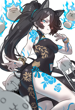 4_ears 5_fingers :3 arm_markings asian_clothing bangs black_hair blue_body blue_fire blurred_character blurred_foreground blush bodily_fluids bracelet breasts chinese_clothing clothing colored_fire colored_nails dumplings east_asian_clothing embarrassed eyebrows eyelashes female fingers fire flower food group hair hair_over_eye human_and_animal_ears human_ears inner_ear_fluff jewelry legband long_hair looking_at_viewer markings messy_hair multi_ear nails navel one_eye_obstructed open_mouth plant ponytail pose pouting pouting_lips pupils shoulder_markings simple_background slit_pupils small_breasts sweat sweatdrop tail thick_thighs thighband tuft white_body ebora fate_(series) ponos_corp. the_battle_cats type-moon basic_cat crazed_cat_(the_battle_cats) gross_cat kasli kasli_the_bane melusine_(fate) animal_humanoid domestic_cat felid felid_humanoid feline feline_humanoid felis food_creature humanoid mammal mammal_humanoid detailed digital_drawing_(artwork) digital_media_(artwork) hi_res
