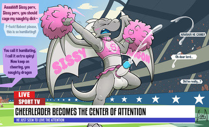 anthro balls biped blue_glans blue_tongue blush bodily_fluids body_control bodypaint bottomwear bracelet clothed clothing collar control_collar crop_top crossdressing crowd cum cumshot detailed_background dialogue ejaculation erection eyes_closed femboy genital_fluids genitals glans grey_body grey_penis grey_wings group heart_symbol horn humiliation jewelry live_broadcast male membrane_(anatomy) membranous_wings open_mouth orgasm penis pink_bottomwear pink_bracelet pink_clothing pink_collar pink_crop_top pink_shirt pink_skirt pink_topwear pom_poms profanity shirt skirt solo_focus speech_bubble spiked_wings stadium text tongue topwear wings soul-silver-dragon mythology soul-silver-dragon_(character) dragon mythological_creature mythological_scalie scalie 2025 digital_media_(artwork) english_text hi_res