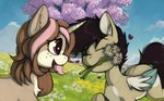 daisybell female feral flower horn looking_at_another male male/female mouth_hold open_mouth outside plant smile wings marsminer hasbro my_little_pony mythology pone_keith equid equine horse mammal mythological_creature mythological_equine pegasus pony unicorn 2023 hi_res