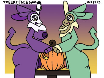 anthro bedroom_eyes big_breasts breasts fellatio food fruit fur genitals green_body green_fur gynomorph horn intersex male narrowed_eyes nipples open_mouth oral penile penis piercing plant pumpkin pumpkin_fucking purple_body purple_fur seductive sex spitroast text tongue theenyface animate_inanimate bovid caprine goat mammal ordon_goat 4:3 english_text