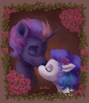 blue_mane border brown_background brown_border brown_mane duo eyebrows eyelashes eyes_closed female feral flower flower_in_mane fur horn kiss_on_lips kissing light male male/female mane multicolored_mane pink_mane plant purple_body purple_eyebrows purple_fur purple_mane rose_(flower) short_mane simple_background thick_eyebrows white_body white_fur fantein hasbro my_little_pony mythology fan_character fantein_cloudstorm vailre_fevrier_de_vilore earth_pony equid equine horse mammal mythological_creature mythological_equine pony unicorn artist_name colored digital_media_(artwork) digital_painting_(artwork) english_description lighting shaded