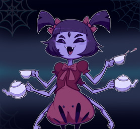 4_fingers 5_eyes 6_arms accessory blush bow_ribbon bow_tie clothed clothing container cup dress fangs female fingers gradient_background hair hair_accessory hair_bow hair_ribbon happy magenta_clothing multi_arm multi_eye multi_limb pigtails purple_body purple_hair purple_skin ribbons simple_background solo spider_web tea_cup teapot teeth polilart undertale undertale_(series) muffet animal_humanoid arachnid arachnid_humanoid arthropod arthropod_humanoid humanoid spider spider_humanoid 2025 digital_media_(artwork) hi_res shaded
