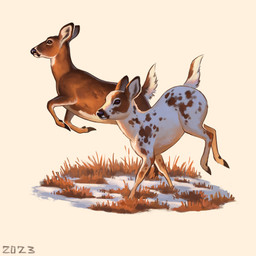 amber_eyes ambiguous_gender belly black_eyes black_nose brown_body brown_fur brown_spots duo feral fur jumping running short_tail simple_background snow spots tail white_background white_belly white_body white_fur alexpahomov deer mammal new_world_deer white-tailed_deer 2023 hi_res