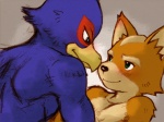 anthro beak blue_body blue_feathers blush countershading duo feathers male male/male romantic romantic_couple shirako nintendo star_fox falco_lombardi fox_mccloud avian bird canid canine fox mammal 4:3