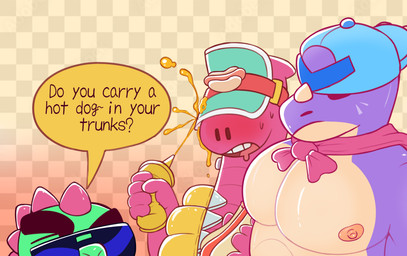 anthro aroused blush bodily_fluids dialogue_box eyewear food group hot_dog humor joke male male/male nipples open_mouth pecs question sunglasses sweat trio dumbyb brawl_stars supercell_(company) buzz_(brawl_stars) doug_(brawl_stars) pierce_(brawl_stars) reptile scalie absurd_res hi_res