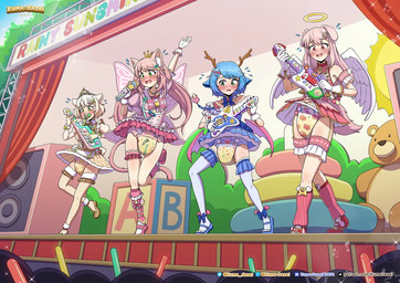 antlers blue_hair bodily_fluids clothed clothing crown diaper electronics embarrassed feathered_wings feathers genital_fluids group guitar hair headgear horn insect_wings keyboard_instrument lepidopteran_wings microphone musical_instrument object_in_mouth pacifier pacifier_in_mouth pink_hair playing_music plucked_string_instrument singing stage string_instrument tiara unclean_diaper urine used_diaper using_diaper wearing_diaper wet_diaper white_hair wings kuma-dasai canid canine deer felid feline humanoid mammal