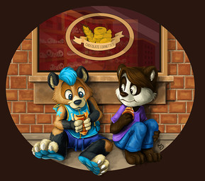 anthro black_body black_fur blue_eyes blue_hair blue_pawpads bread brown_body brown_fur brown_hair candy chocolate clothed clothing croissant dessert duo eating food front_view fur glistening glistening_eyes hair happy holding_croissant logo male mouth_closed pastry pawpads short_hair sitting white_body white_fur young young_anthro young_male pandapaco buttersdabear neevipanda bear giant_panda mammal artist_logo signature