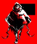 abstract_art anthro barefoot bottomwear cheek_tuft cloak clothed clothing dual_wielding facial_tuft feet fur holding_object holding_weapon hood_up looking_at_viewer male melee_weapon no_shoes red_background red_eyes sickle simple_background smile solo topwear tuft weapon sirspacedragon dreamworks konami metal_gear puss_in_boots_(dreamworks) death_(puss_in_boots) canid canine canis mammal wolf absurd_res crossover digital_media_(artwork) hi_res