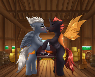 animal_genitalia animal_penis barn barrel blush bodily_fluids breeding_mount cum cum_in_sex_toy duo equine_genitalia equine_penis eyes_closed feathered_wings feathers feral flared_penis fluffy fluffy_chest french_kissing frottage genital_fluids genitals hay hay_bale insect_wings kissing male male/male medial_ring penetrable_sex_toy penile penis penises_touching quadruped sex sex_toy sharing_sex_toy tan_eyes wings crimsonwolf360 friendship_is_magic hasbro my_little_pony mythology ashy_skies_(character) fan_character phasmatodea_(phasmathewriter) changeling_(mlp) equid equine mammal mythological_creature mythological_equine pegasus 2023 hi_res