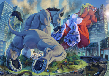 4_toes animal_genitalia animal_penis anthro anus backsack balls black_anus black_genitals black_hair blonde_hair blue_eyes bodily_fluids building butt car city claws collar crouching crush destruction detailed_background duo duo_focus equine_genitalia equine_penis erection extreme_size_difference feet foot_fetish foot_lick foot_play footprint fur genital_fluids genitals green_eyes grey_body grey_fur grey_genitals group hair hooves humanoid_genitalia humanoid_penis larger_male licking macro macro_male male male/male male_anthro muscular muscular_male nude orange_body outside pawpads paws penis perineum red_body red_fur size_difference sky soles stomping tail toe_claws toes tongue tongue_out vehicle white_body white_genitals white_penis vera-panthera cirez luckywesel asinus donkey equid equine lagomorph leporid mammal rabbit digital_media_(artwork)