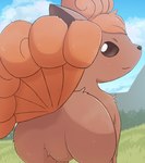 ambiguous_gender brown_body brown_eyes detailed_background featureless_crotch feral grass looking_at_viewer looking_back looking_back_at_viewer plant quadruped rear_view sky smile solo tree rumine nintendo pokemon generation_1_pokemon pokemon_(species) vulpix 2023