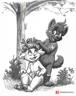 anthro antlers duo facial_spots front_view grass horn logo male navel nude open_mouth open_smile outside patreon_logo plant sitting smile spotted_face spotted_shoulders standing tree young young_anthro young_male pandapaco patreon canid canine deer mammal artist_logo signature spot_color