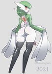 anthro backsack balls big_butt blush bottomwear butt clothed clothing clothing_lift femboy genitals glans glowing green_body green_hair green_skin hair humanoid_genitalia humanoid_penis legwear looking_back male penis red_eyes skirt skirt_lift solo thigh_highs white_body white_skin bananagaari nintendo pokemon gardevoir generation_3_pokemon pokemon_(species)