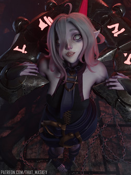 ahoge armwear black_armwear black_clothing black_legwear black_leotard bound breasts clothed clothing collar eyelashes female grey_eyes grey_hair hair hair_over_eye humanoid_pointy_ears legwear leotard looking_at_viewer multicolored_hair one_eye_obstructed pale_skin pink_hair pink_sclera pointy_ears restraints smile solo stocks text thick_thighs two_tone_hair wide_hips that_maskey league_of_legends riot_games tencent briar_(lol) humanoid vampire 3:4 3d_(artwork) digital_media_(artwork) url