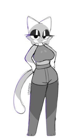 3_toes anthro bottomwear clothed clothing dipstick_tail eyelashes eyeliner feet female grey_body grey_clothing grey_skin hands_on_hips makeup markings paws shorts solo tail tail_markings toes topwear lewkandun lizzie_(lewkandun) domestic_cat felid feline felis mammal 9:16 hi_res