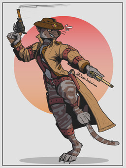 anthro barefoot belt belt_buckle belt_pouch border buckle feet grey_border gun gunslinger handgun holding_gun holding_handgun holding_object holding_ranged_weapon holding_revolver holding_weapon long_tail male ranged_weapon revolver smile smoke smoking_gun solo tail teeth teeth_showing weapon mawkvlt domestic_cat felid feline felis mammal 3:4 hi_res