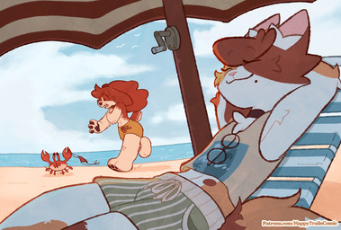 anthro beach bikini bikini_top chasing chest_tuft clothing clothing_theft collar countershading eyewear female female_anthro glasses inner_ear_fluff male male/female male_anthro parasol pawpads seaside sky stealing swimming_trunks swimwear tuft two-piece_swimsuit puppeypawbs maple_(puppeypawbs) syrup_(puppeypawbs) arthropod bird_dog calico_cat canid canine canis crab crustacean decapod domestic_cat domestic_dog felid feline felis hunting_dog malacostracan mammal spaniel 2025 hi_res