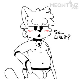anthro bell bell_collar belly blush blush_lines clothed clothing collar dialogue duo humor jockstrap male male/male navel nipples partially_clothed slightly_chubby smile smirk smirking_at_partner talking_to_another talking_to_partner text underwear meowtinz sound_warning boy_kisser_(meme) louis_(meowtinz) silly_cat_(mauzymice) domestic_cat felid feline felis mammal 1:1 2025 animated digital_media_(artwork) english_text meme short_playtime sketch sound video