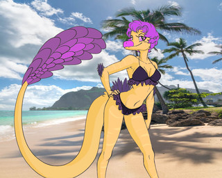 anthro beach bikini biped breasts clothed clothed_anthro clothed_female clothing cloud crossgender day detailed_background feathered_tail feathers female frilly frilly_bikini frilly_clothing frilly_swimwear hair hand_on_hip long_snout long_tail looking_at_viewer markings medium_breasts mtf_crossgender multicolored_body non-mammal_breasts outside palm_tree photo_background plant pose purple_bikini purple_body purple_clothing purple_eyes purple_feathers purple_hair purple_swimwear sea short_hair sky slim smile snout solo swimwear tail tan_body tree two-piece_swimsuit two_tone_body water oromaster protonmono third-party_edit goodbye_volcano_high ko_op_(game_developer) sage_(gvh) dinosaur dromaeosaurid microraptor prehistoric_species reptile saurischian scalie theropod color_edit colored digital_drawing_(artwork) digital_media_(artwork) photography_(artwork) trans_(lore) trans_man_(lore)