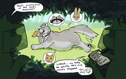 :< ambiguous_anthro ambiguous_feral ambiguous_gender anthro being_watched belly big_belly black_eyebrows black_nose black_pawpads bodily_fluids brown_body brown_collar brown_fur clipboard clothing collar countershading cutaway date detailed_background eating eyebrows eyes_closed feral fur grass grey_body grey_fur grey_tail group headgear headwear hiding holding_clipboard holding_object holding_pen looking_at_another lying male on_front outside pawpads pen plant sad shrub soft_vore speech_bubble study swallowing sweat sweatdrop tail text vore writing_text yellow_body yellow_fur birdpaw_(artist) canid canine canis domestic_dog lagomorph leporid mammal procyonid rabbit raccoon rodent sciurid tree_squirrel 2026 artist_name english_description english_text hi_res