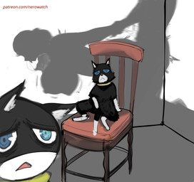 anthro big_breasts blue_eyes bouncing_breasts breasts chair collar cuck_chair cuckold depression doggystyle female feral from_behind_position furniture group hair male male/female mask nipple_outline on_chair open_mouth reflection_in_eyes sad sex shadow sitting sitting_on_chair text tongue tongue_out trio nero_watch atlus megami_tensei persona_(series) persona_5 sega ann_takamaki morgana_(persona) domestic_cat felid feline felis human mammal absurd_res hi_res url