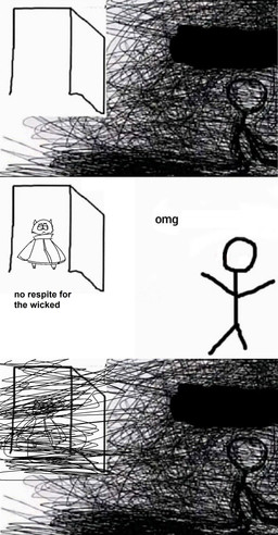 ambiguous_gender anthro dialogue door duo female frown half-closed_eyes narrowed_eyes open_door shitpost stick_figure text triplepistacho omg_hi! parfait_(triplepistacho) felid human mammal pantherine tiger absurd_res english_text hi_res meme monochrome