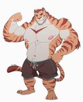 anthro biceps bottomwear clothing fur male multicolored_body muscular muscular_anthro muscular_arms muscular_male nipples one_eye_closed pecs simple_background solo stripes white_background lemusuniverse tora_(soul_nero) felid mammal pantherine tiger digital_media_(artwork) hi_res