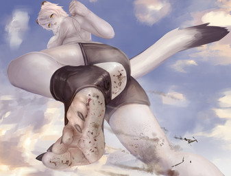 5_toes anthro black_clothing black_footwear black_socks blue_sky breasts clothing cloud dirty dirty_clothing dirty_feet dirty_socks feet female foot_fetish foot_focus footwear fur hair humanoid_feet macro nails plantigrade sky socks soles solo stirrup_socks stuck_to_foot tail toeless_footwear toeless_socks toes white_body white_fur white_hair yellow_eyes solutionwcs domestic_cat felid feline felis mammal