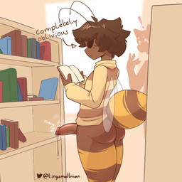 antennae_(anatomy) anthro arthropod_abdomen black_eyes bodily_fluids book bottomless bottomless_anthro bottomless_male brown_hair butt clothed clothing dripping erection exhibitionism freckled_butt freckled_face freckles genital_fluids genitals glans hair humanoid_genitalia humanoid_penis library male oblivious open_book penis precum precum_drip public public_exposure reading reading_book solo sweater throbbing throbbing_penis topwear turtleneck voyeur tinysmallman mazus_(tinysmallman) arthropod bee hymenopteran insect 1:1 absurd_res hi_res