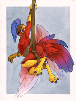 anthro avian_feet ball_gag bdsm beak blindfold blue_body blue_feathers bondage bound butt claws falconry falconry_hood feathers gag hood hooded male nude red_body red_feathers rope scales solo submissive submissive_male toe_claws yellow_body yellow_scales ruaidri european_mythology greek_mythology mythology temp_(feathers4all) avian mythological_avian mythological_bird mythological_creature mythological_firebird phoenix 2017 hi_res traditional_media_(artwork)