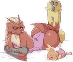 anthro big_butt blonde_hair blue_eyes breasts butt chest_tuft claws clothed clothing feathers female glaring_at_viewer hair larger_female looking_at_viewer lying on_front one-piece_swimsuit purple_clothing size_difference swimwear tuft mcfli nintendo pokemon avian bird blaziken generation_3_pokemon pokemon_(species) torchic 2022 hi_res