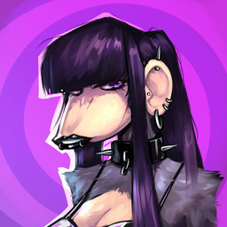 abstract_background alternative_fashion anthro arm_tuft bangs black_lips breasts camisole cleavage clothed clothing collar ear_piercing ear_ring elbow_tuft eyebrow_piercing facial_piercing female fur goth grey_body grey_fur hair labret_piercing lip_piercing lip_ring lips long_hair piercing purple_eyes ring_piercing simple_background solo spiked_collar spikes spiral_background thick_lips tuft potatoturtle beth_(redustheriotact) haplorhine mammal monkey primate 1:1 2025