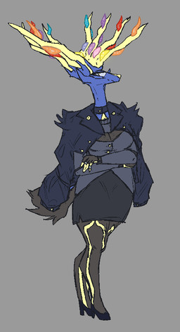 anthro antlers black_body blue_body blue_eyes blue_sclera breasts clothed clothing female footwear grey_background high_heels horn looking_at_viewer shoes simple_background solo yellow_nose mik3hawk nintendo pokemon generation_6_pokemon legendary_pokemon pokemon_(species) xerneas xerneas_(active_mode) colored